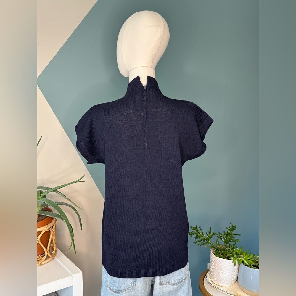 Vintage St. John Sport Navy Knit Mock Neck Zip Back Top 90s Minimalist Large - Picture 4 of 10